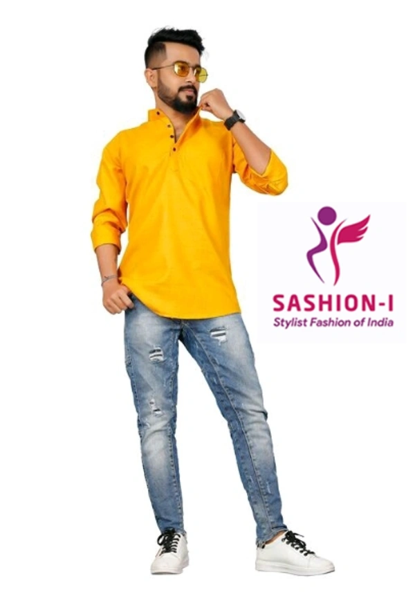 Men's Stylish Full Sleeve Short Kurta - Yellow